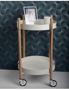 Desserte à roulettes avec 2 plateaux en métal blanc et pieds en bois clair Aulica