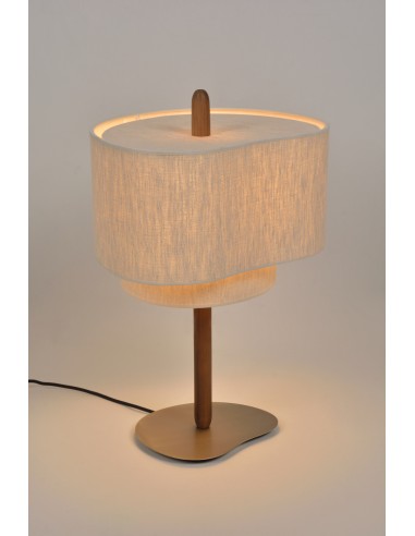 Lampe Pebble de Market set à poser base en métal brossé et bois teinté et abat jour en tissu coloris crème