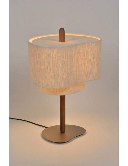 Lampe Pebble de Market set à poser base en métal brossé et bois teinté et abat jour en tissu coloris crème