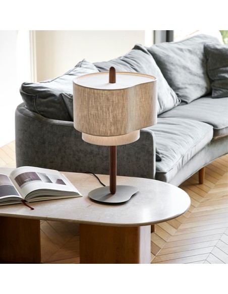 Lampe Pebble de Market set à poser base en métal brossé et bois teinté et abat jour en tissu coloris crème