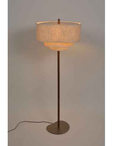 Lampadaire Pebble de Market base en métal brossé et bois teinté et 3 abat-jours en tissu coloris crème
