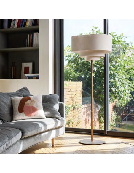 Lampadaire Pebble de Market base en métal brossé et bois teinté et 3 abat-jours en tissu coloris crème
