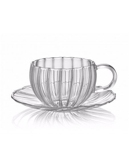 Set de 2 Tasses et Sous-Tasses à Thé en Verre Cannelé