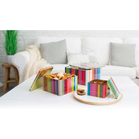 Lot de 3 boites à biscuit en métal à rayures multicolores